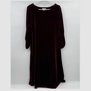 Susan Graver Dress Women Large Burgundy Velour Ruched Sleeves Stretch Holiday